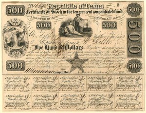 Republic of Texas - 1840 dated $500 Texan Bond